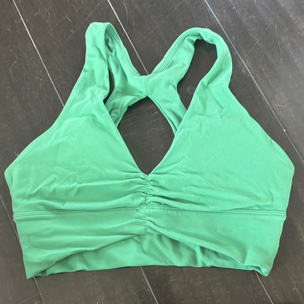 Aritzia Green Racerback Bra with Plunging Neckline and Ruching
